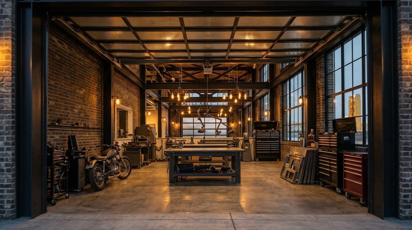 Chapman Local Garage Door Interior View of Custom Garage Door Overhead and Workshop